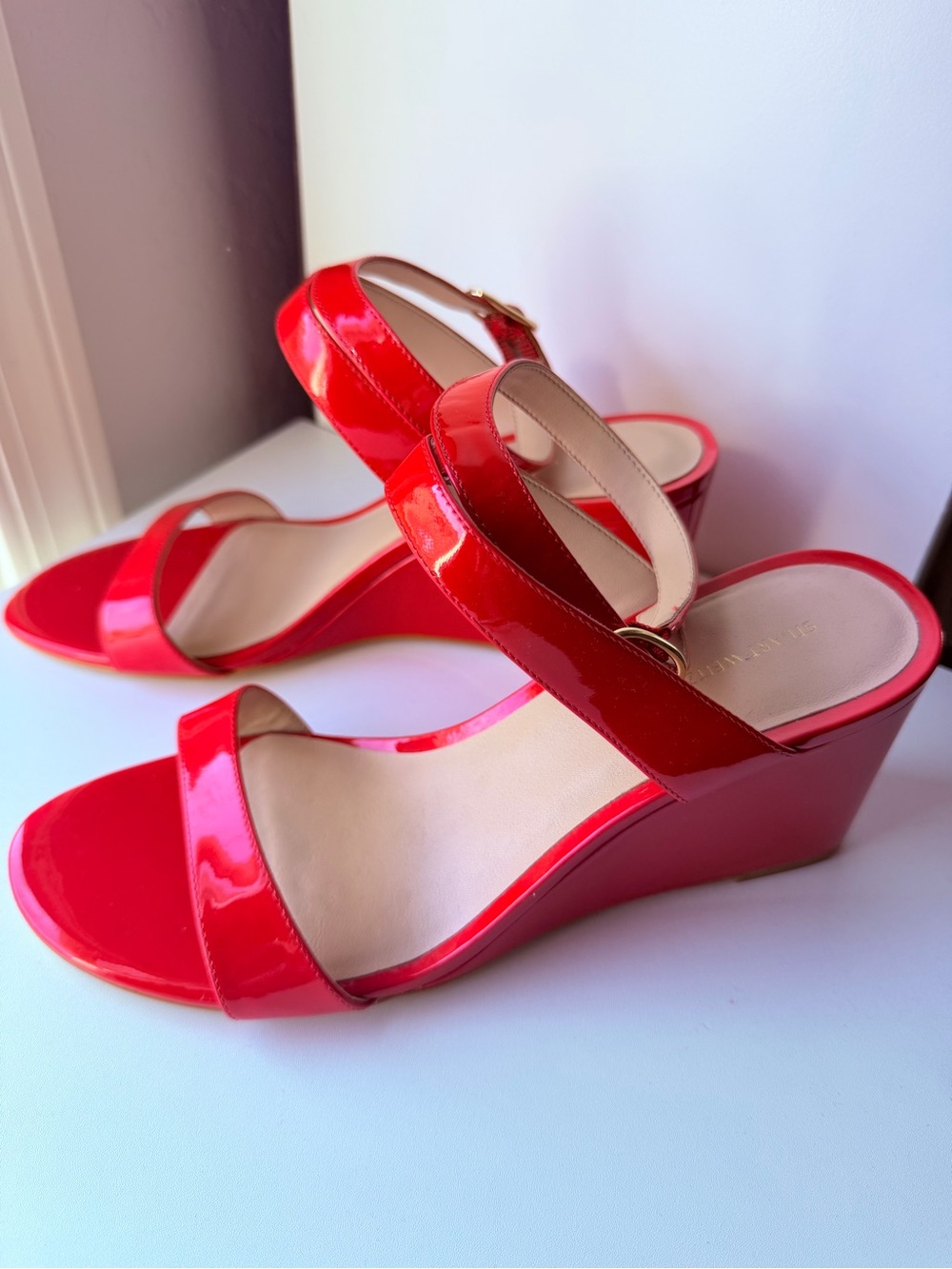 Stuart Weitzman Red Patent Leather Wedge Sandals Gold Buckle Size 11